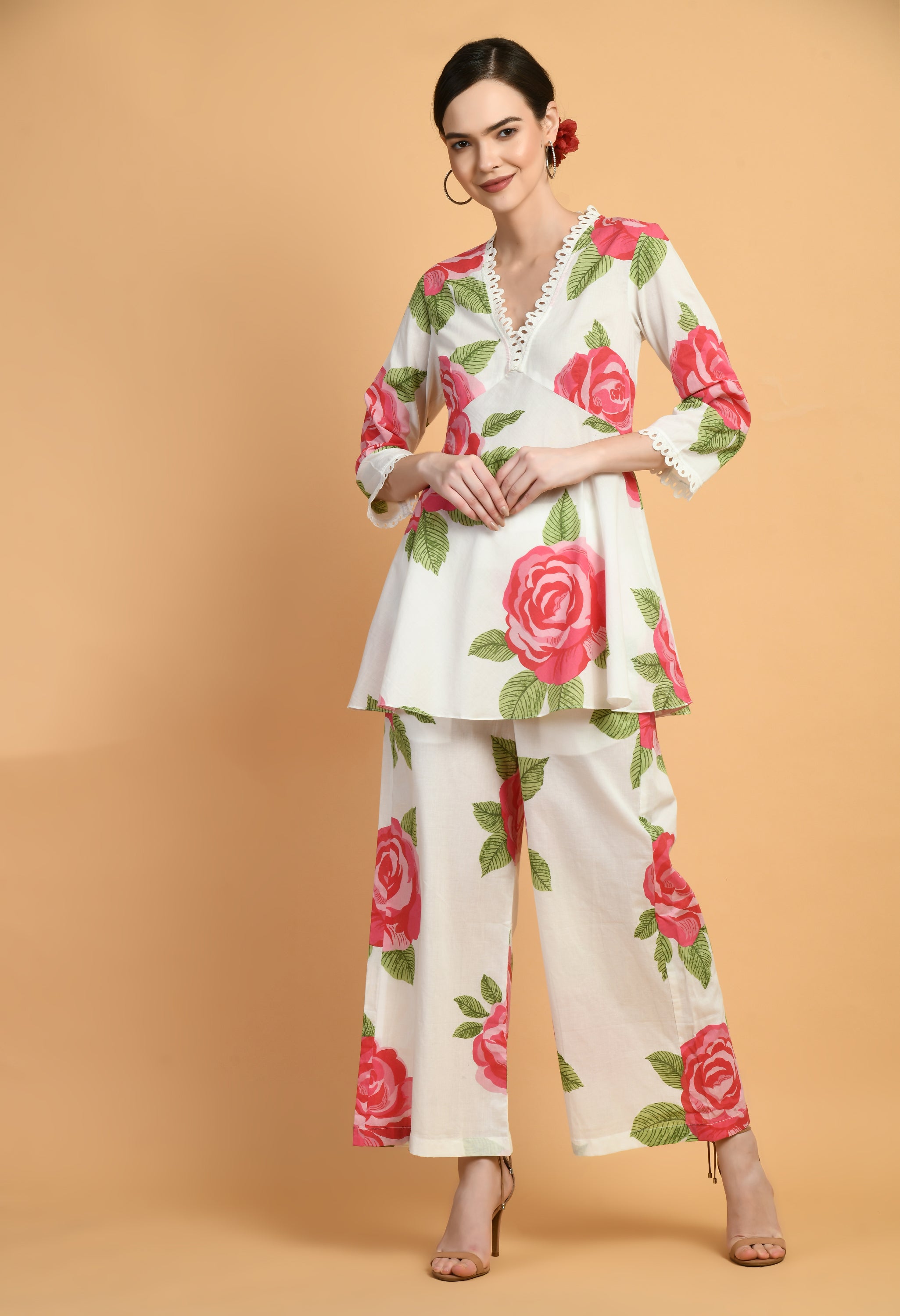 Rose Print Aaliya Cut Top and Pant Set | Flower Print Top Set